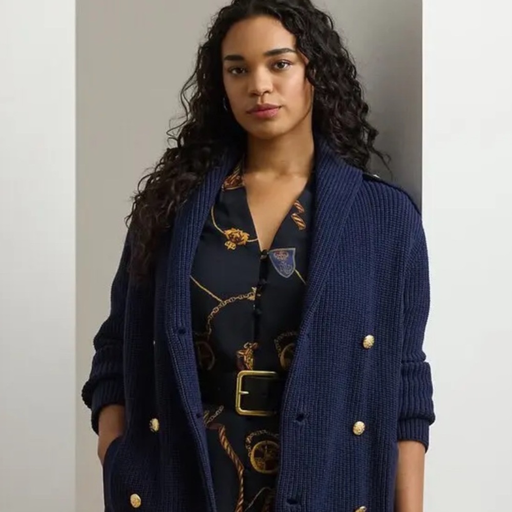 Lauren Ralph Lauren Double Breasted Cardigan Large Chunky Knit Navy Gold Pockets